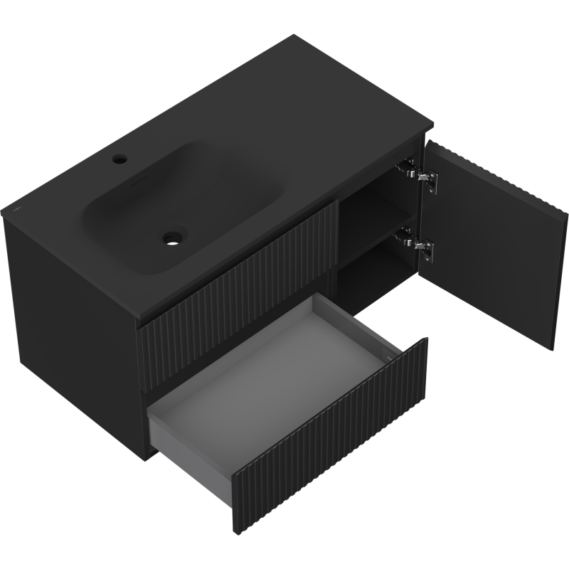 Mexen Rivel шкаф за баня 90 см с мивка Vela ляв, 2S, 1D, оребрен, черен мат