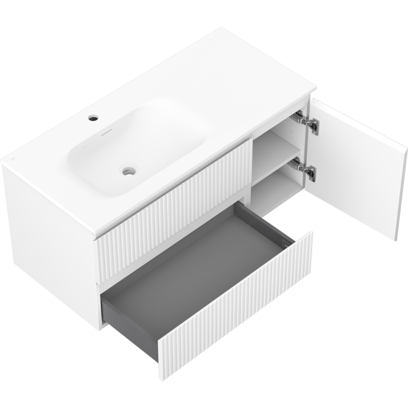 Mexen Rivel шкаф за баня 100 см с мивка Vela лява, 2S, 1D, оребрен, бял мат