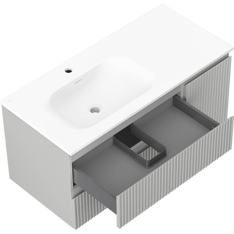 Mexen Rivel шкаф за баня 100 см с мивка Vela лява, 2S, 1D, рифлована, сива мат/бяла мат - 91A23-10047-3-BBFFF62-W23L01