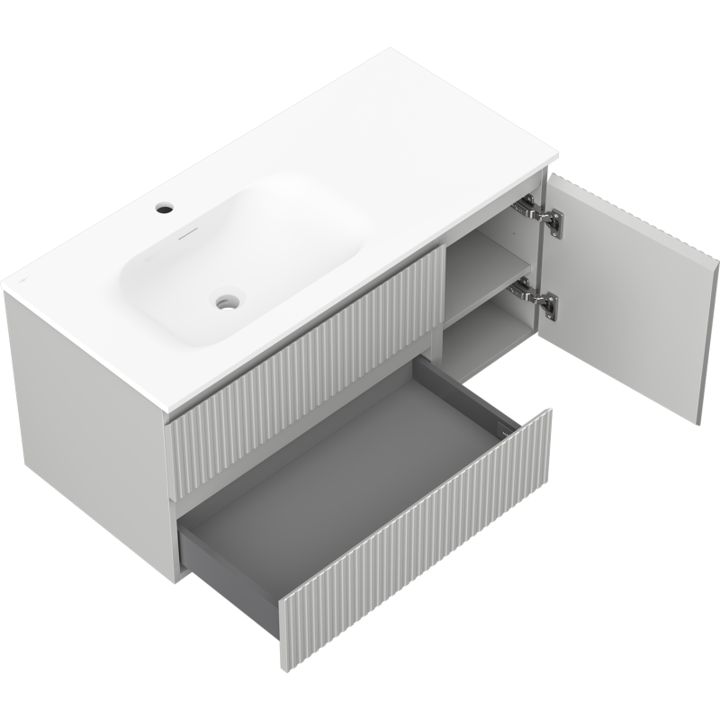 Mexen Rivel шкаф за баня 100 см с мивка Vela лява, 2S, 1D, рифлована, сива мат/бяла мат - 91A23-10047-3-BBFFF62-W23L01