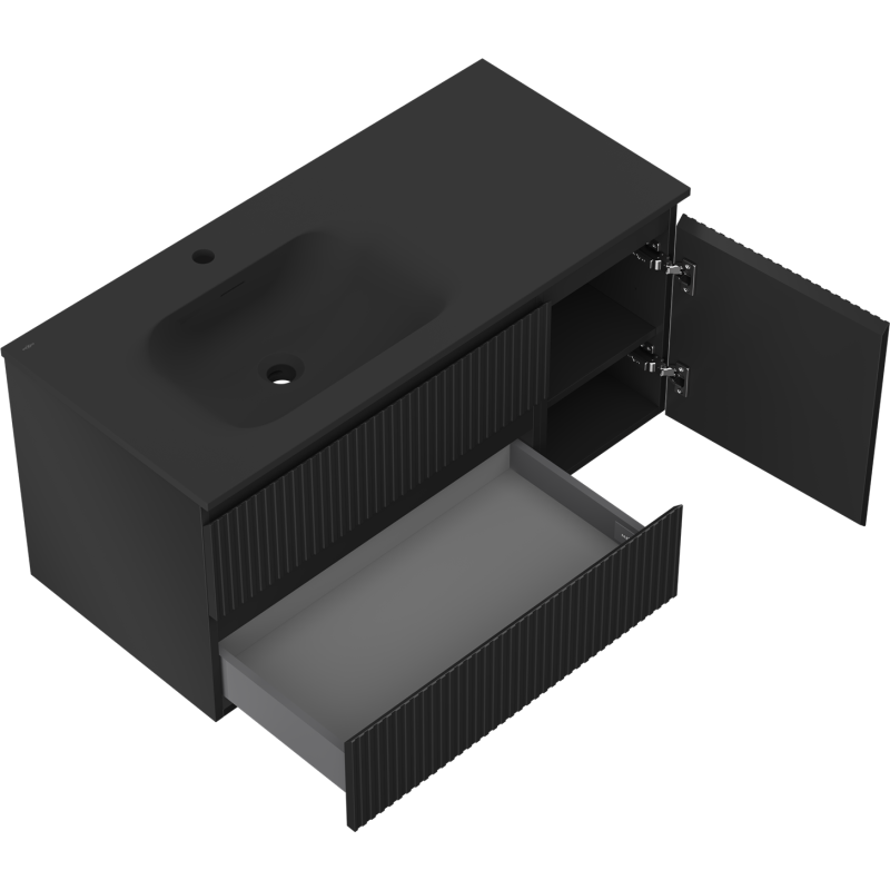 Mexen Rivel шкаф за баня 100 см с мивка Вела лява, 2S, 1D, релефна, черен мат