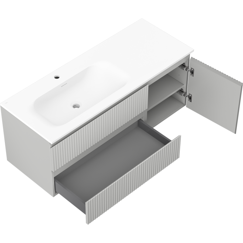 Mexen Rivel шкаф за баня 120 см с мивка Vela лява, 2S, 1D, рифлована, сиво мат/бяло мат - 91A23-12047-3-BBFFF62-W23L01