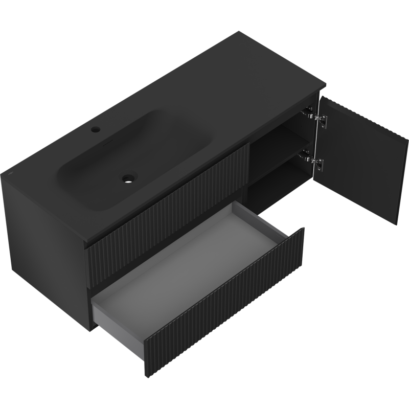 Mexen Rivel 120 см шкаф за баня с мивка Vela лява, 2S, 1D, гравиран, черен мат - 91A23-12047-3-BBFFF71-W23L71