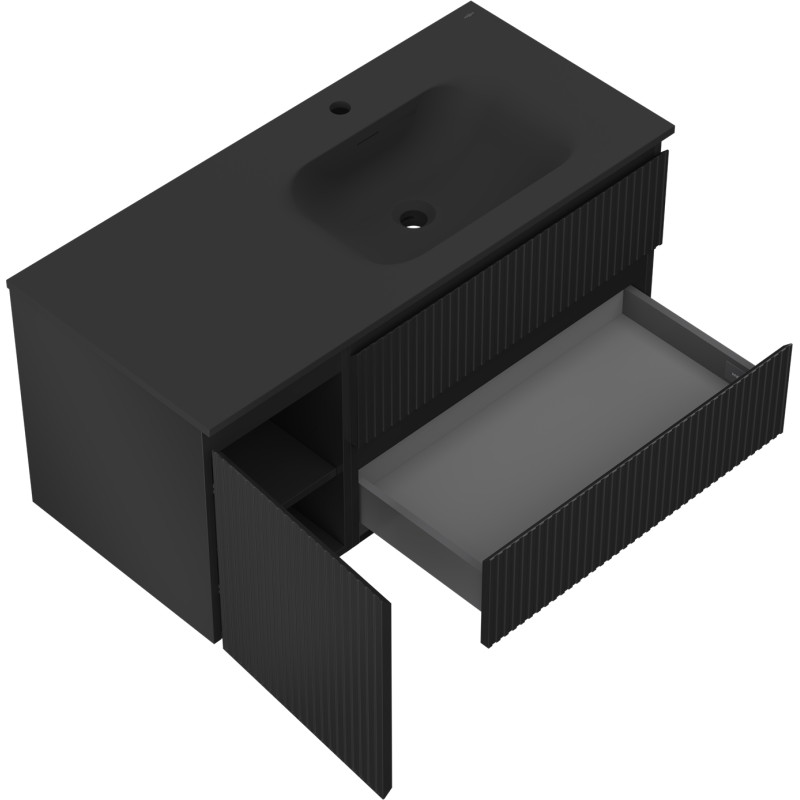 Mexen Rivel шкаф за баня 120 см с мивка Vela дясна, 2S, 1D, оребрена, черна мат
