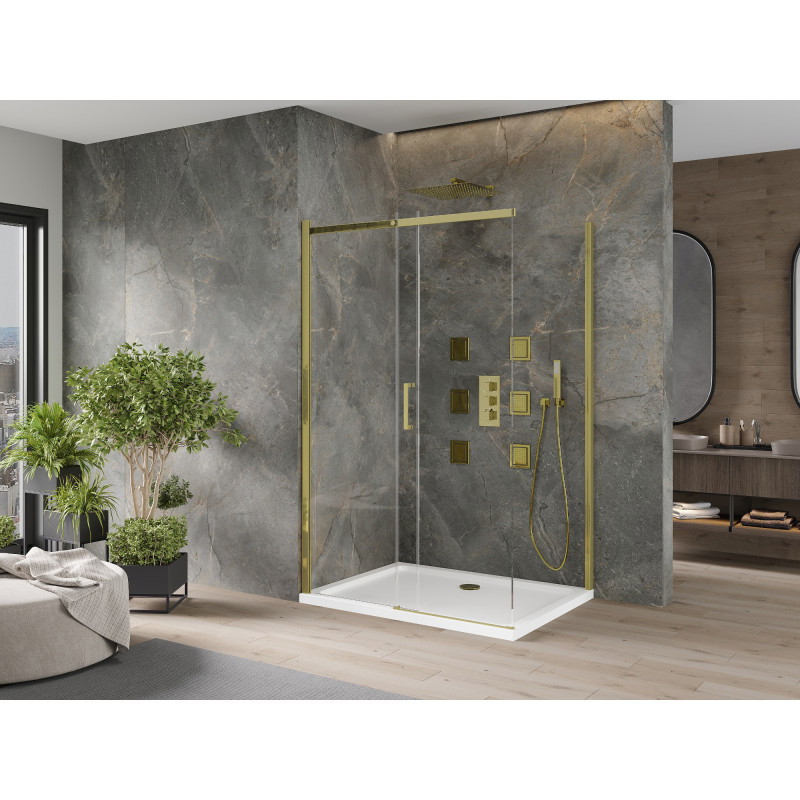 Mexen Omega плъзгаща се душ кабина 130 x 80 см, прозрачна, златна + поддушово