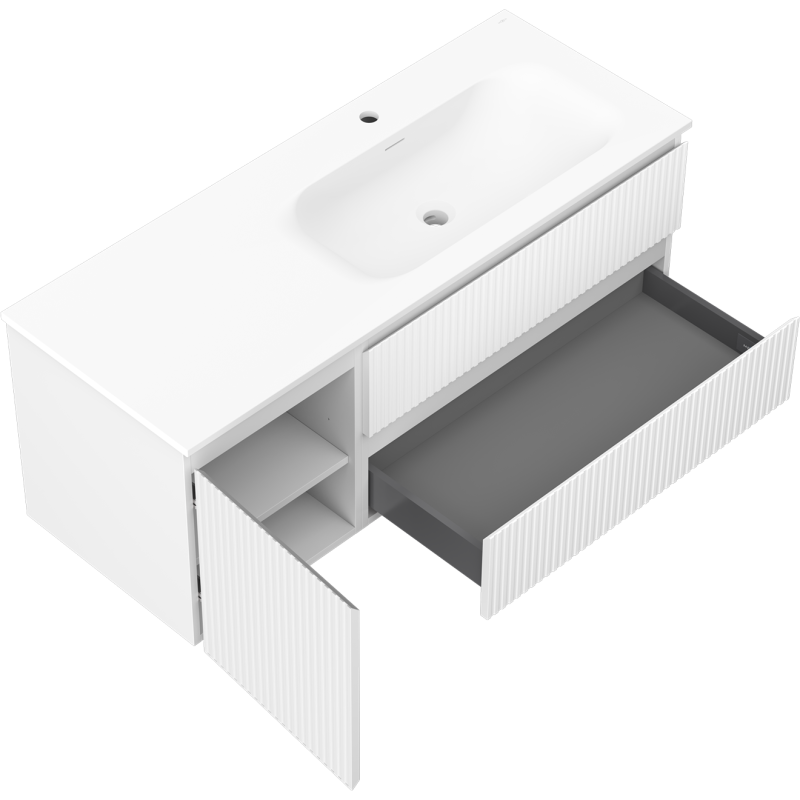 Mexen Rivel баня шкаф 120 см с мивка Vela дясна, 2S, 1D, оребрена, бял мат - 91A23-12047-3-BBFFF01-W23P01