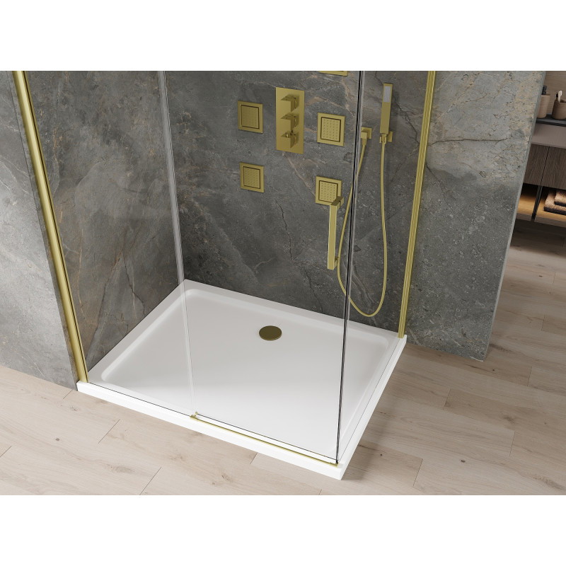 Mexen Omega плъзгаща се душ кабина 130 x 80 см, прозрачна, златна + поддушово