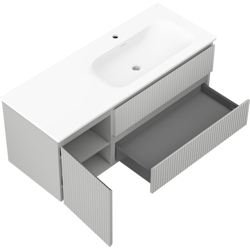 Mexen Rivel баня шкаф 120 см с мивка Vela дясна, 2S, 1D, рифована, сива/бяла мат - 91A23-12047-3-BBFFF62-W23P01
