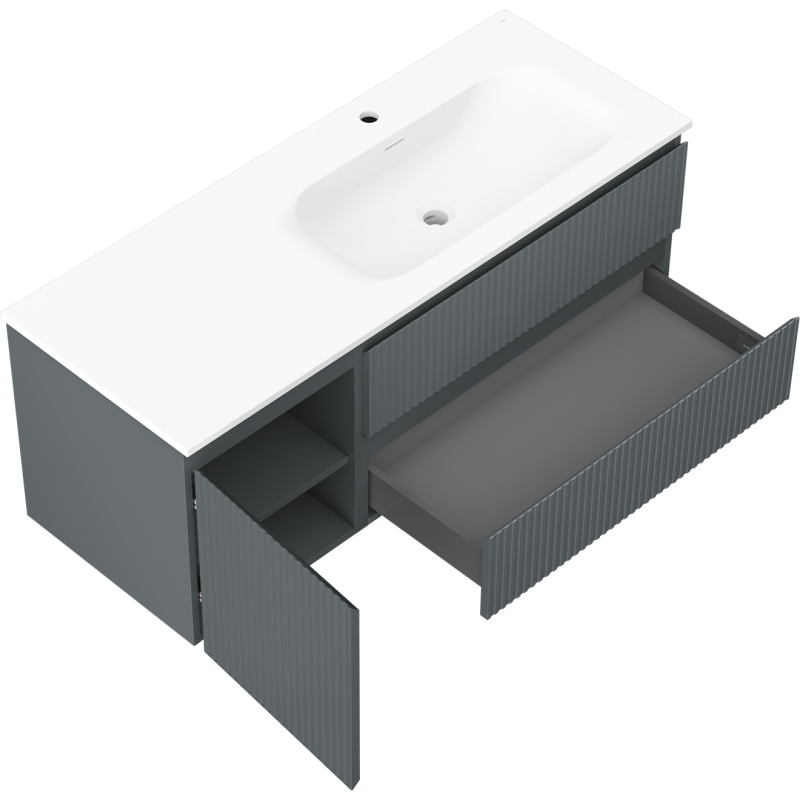 Mexen Rivel шкаф за баня 120 см с мивка Vela дясна, 2S, 1D, рифелована, графит/бял