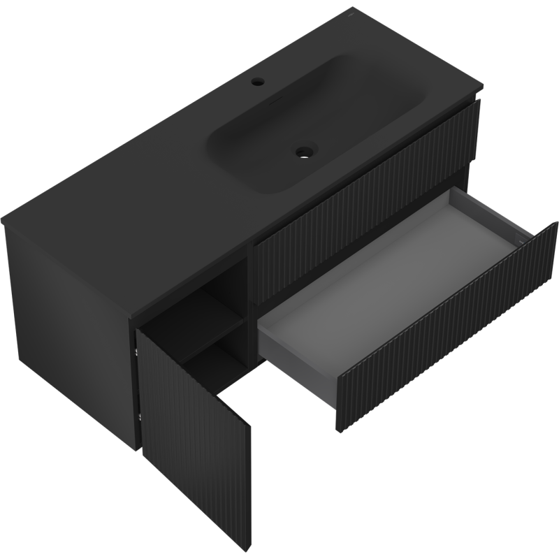 Mexen Rivel шкаф за баня 120 см с мивка Vela дясна, 2S, 1D, оребрена, черна мат - 91A23-12047-3-BBFFF71-W23P71