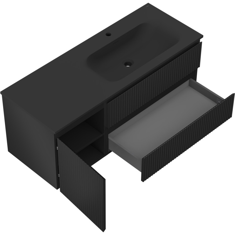 Mexen Rivel шкаф за баня 120 см с мивка Vela дясна, 2S, 1D, рифлована, черна мат