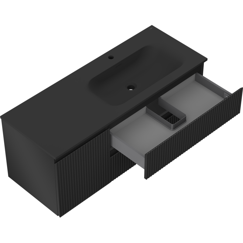 Mexen Rivel шкаф за баня 120 см с мивка Vela дясна, 2S, 1D, оребрена, черна мат - 91A23-12047-3-BBFFF71-W23P71