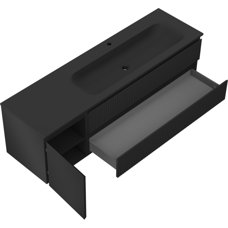 Mexen Rivel шкаф за баня 160 см с мивка Vela дясна, 2S, 1D, гофрирана, черен мат - 91A23-16047-3-BBFFF71-W23P71