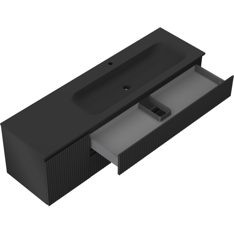 Mexen Rivel шкаф за баня 160 см с мивка Vela дясна, 2S, 1D, гофрирана, черен мат - 91A23-16047-3-BBFFF71-W23P71