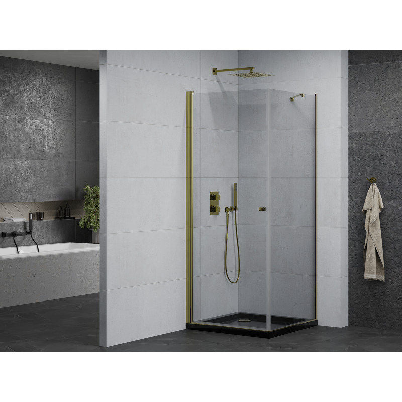 Mexen Pretoria душ кабина с врата 70 x 70 см, прозрачна, златна + душ подложка Flat,