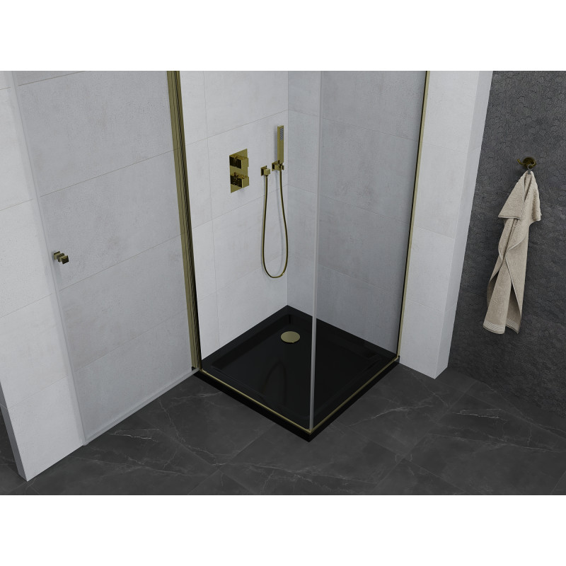 Mexen Pretoria душ кабина с врата 70 x 70 см, прозрачна, златна + душ подложка Flat,