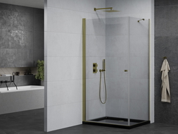Mexen Pretoria душ кабина с отваряща се врата 80 x 70 см, прозрачна, златна + душ под Flat, черен - 852-080-070-50-00-4070G