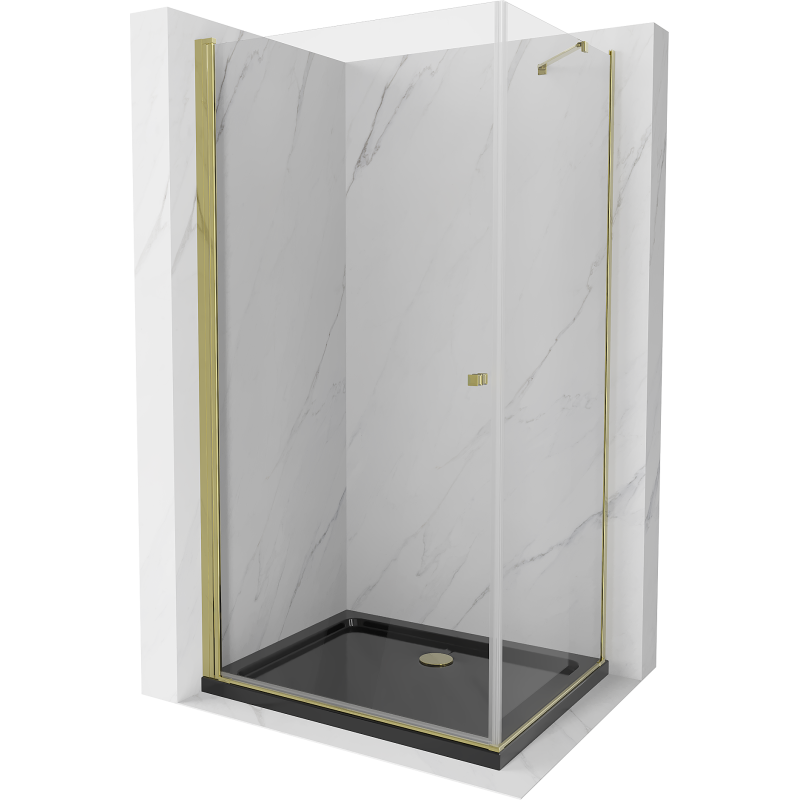 Mexen Pretoria душ кабина с отваряща се врата 80 x 70 см, прозрачна, златна + душ под Flat, черен - 852-080-070-50-00-4070G