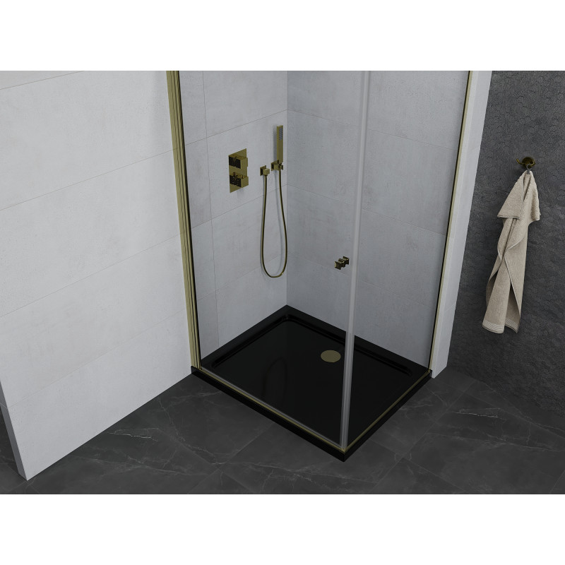 Mexen Pretoria отваряема душ кабина 100 x 70 см, прозрачна, златна + поддушник Flat,
