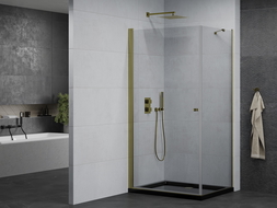 Mexen Pretoria душ кабина с отваряеми врати 100 x 80 см, прозрачна, златна + под душ Flat, черен - 852-100-080-50-00-4070G
