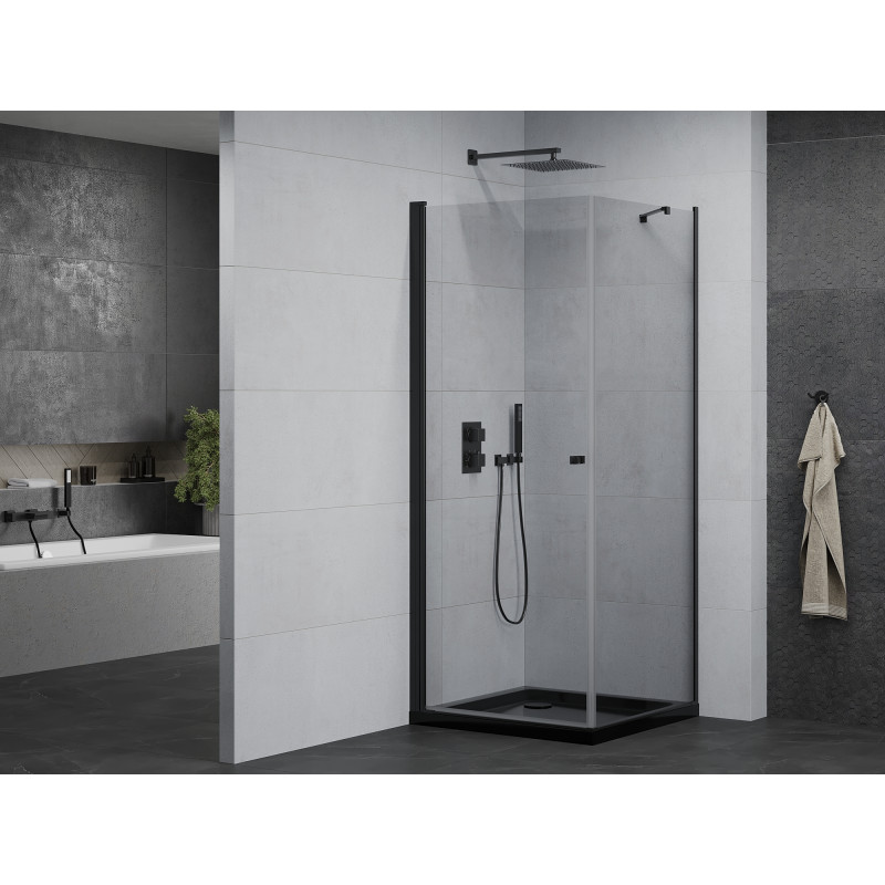 Mexen Pretoria отваряща се душ кабина 80 x 80 см, прозрачна, черна + корито Flat,