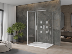 Mexen Omega душ кабина 3-стенна, разтегателна 140 x 80 см, прозрачно, хром + поддушник Flat - 825-140-080-01-00-3s-4010