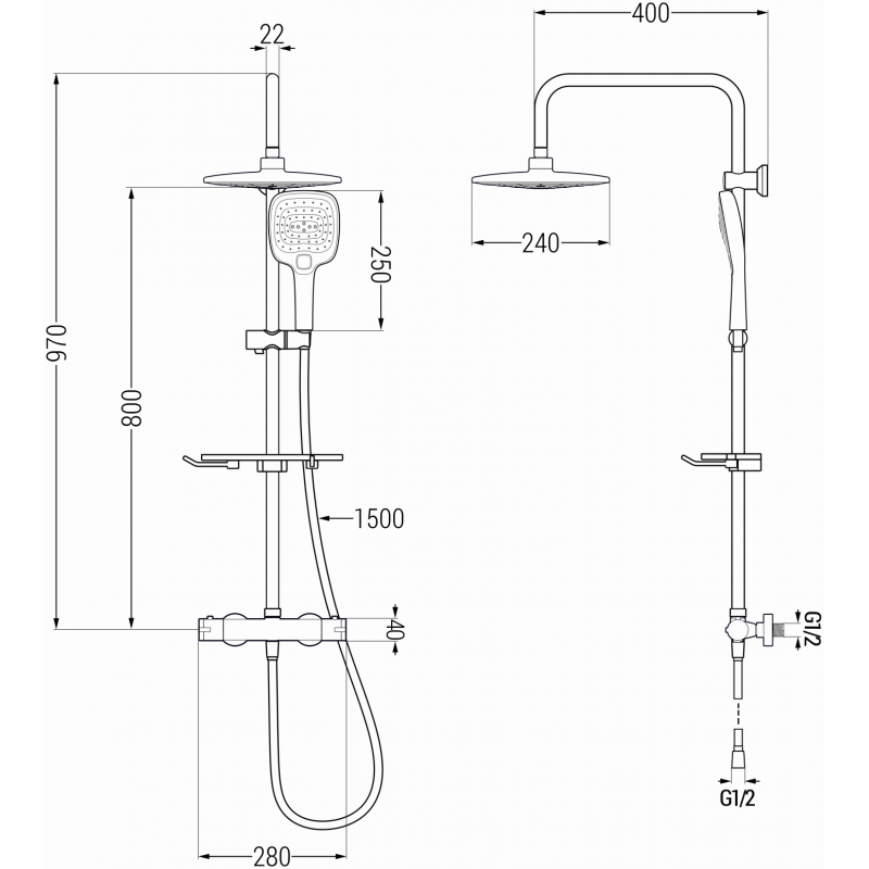 Mexen KT17 външен душ комплект с тропически душ и термостатичен смесител,