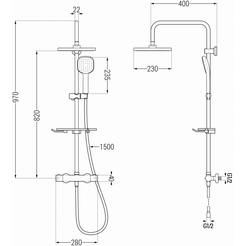 Mexen KT33 външна душ система с дъждовална и термостатичен смесител, черен - 771503393-70