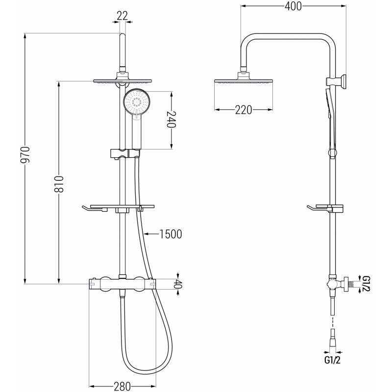 Mexen KT40 външна душ система с дъждовал и термостатен смесител, графит - 771504093-66