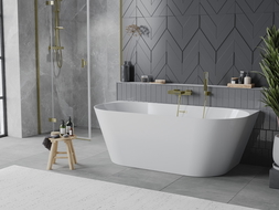 Mexen Oval Slim свободно стояща вана срещу стена 170 x 80 см, бяла, преливник златист четков - 52661708000-55