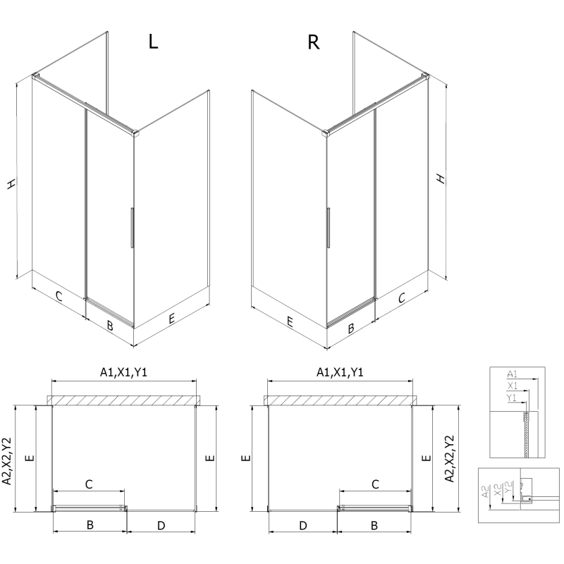 Mexen Rox-3S обзидан 3-стенен плъзгащ се ляв 160 x 70 см, черна рамка, черна - 8C2-160-070-70-70-3S-L