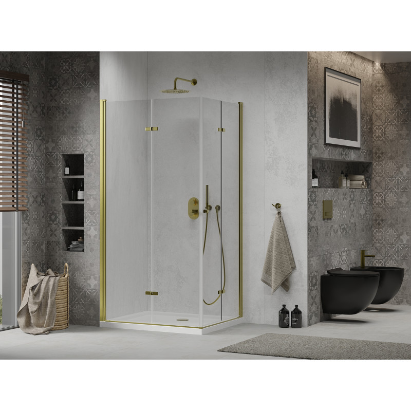 Mexen Lima Duo сгъваема душ кабина 100 x 90 см, прозрачна, златна + корито Flat