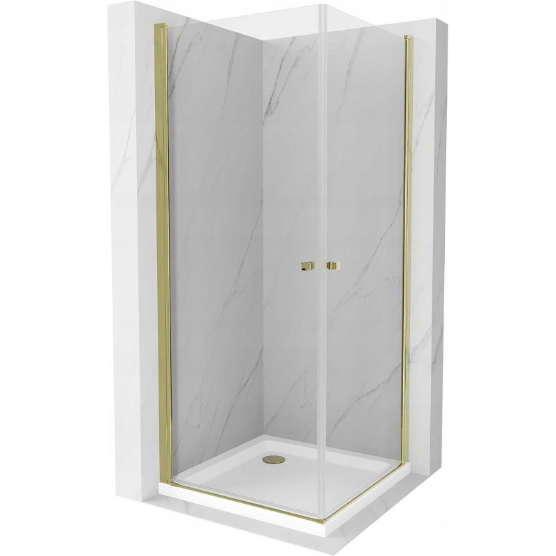 Mexen Pretoria Duo душ кабина с отваряеми врати 70 x 70 cm, прозрачна, златна + корито Flat - 852-070-070-50-02-4010G