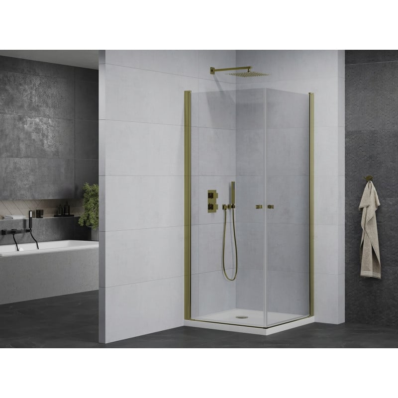 Mexen Pretoria Duo сгъваема душ кабина 70 x 70 см, прозрачна, златен + корито Flat