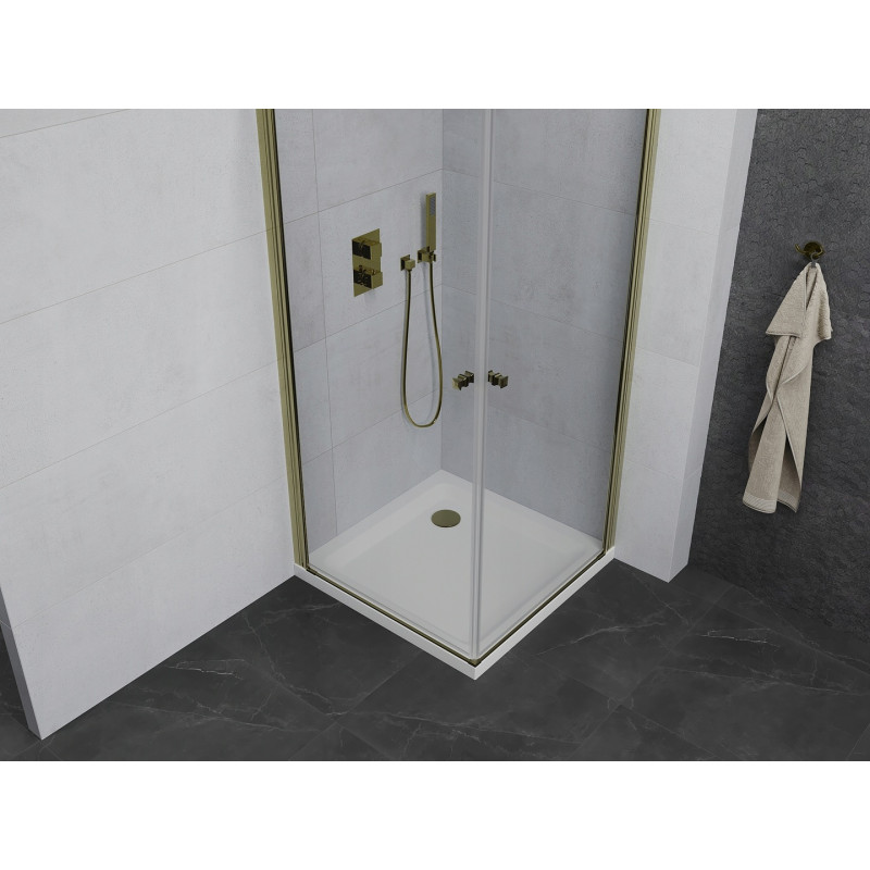 Mexen Pretoria Duo сгъваема душ кабина 70 x 70 см, прозрачна, златен + корито Flat