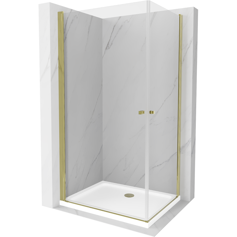 Mexen Pretoria Duo душ кабина отваряща се 80 x 70 см, прозрачна, златна + подложка Flat - 852-080-070-50-02-4010G