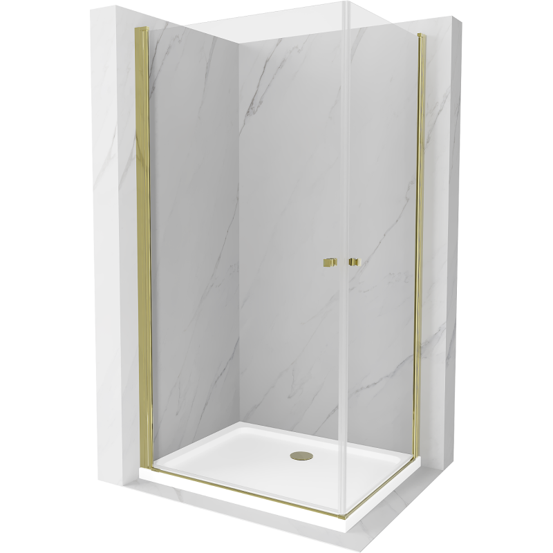 Mexen Pretoria Duo отваряща се душ кабина 90 x 80 см, прозрачна, златна + плосък поддушов коритo - 852-090-080-50-02-4010G