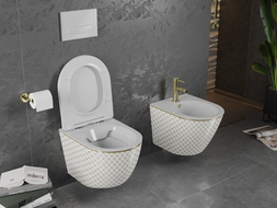 Mexen Lena WC чиния Rimless със забавено падане слим, дуропласт, бяла/златна решетка - 30224009