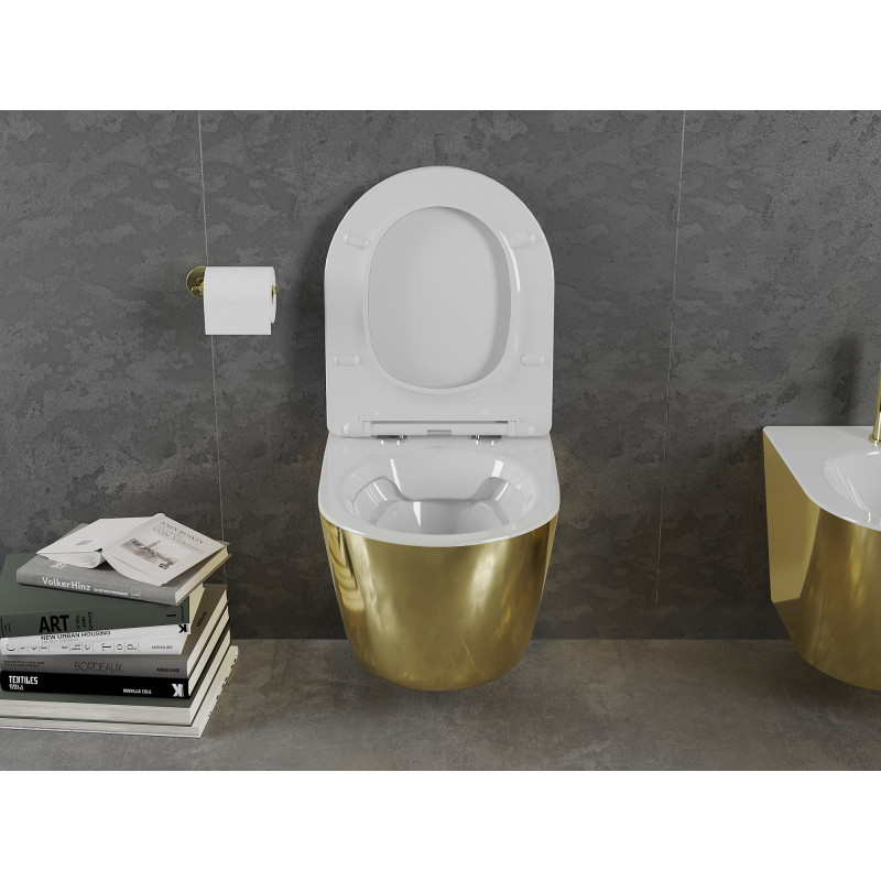 Mexen Lena WC чиния Rimless със забавено падане, тънка, дуропласт, бяла/златна