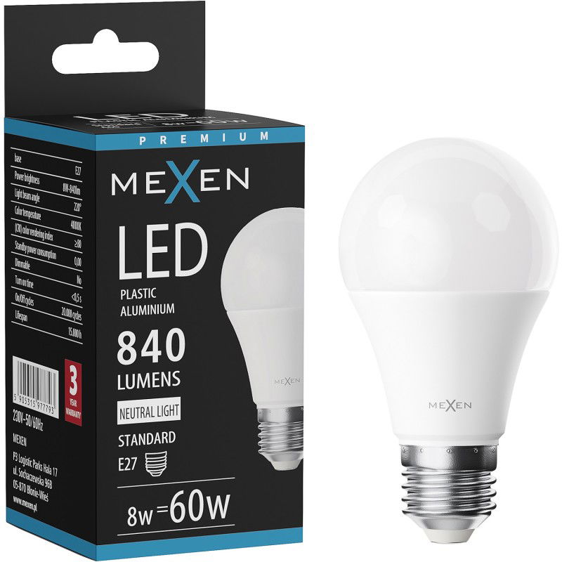 Mexen Nova LED крушка E27, A60, 8W, Неутрална - 4000K, 840 lm - L100-E27-0840-01