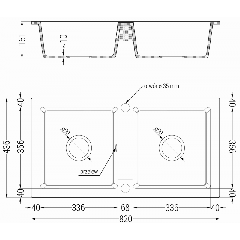 Mexen Mario гранитна мивка с 2 камери 820 x 436 mm, черен/златен металик, сифон златен - 6504822000-75-G
