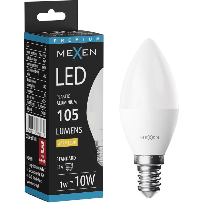 Mexen Nova LED крушка E14, C37, 1W, Топла - 3000K, 105 lm - L102-E14-0130-01