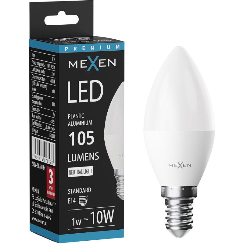 Mexen Nova LED крушка E14, C37, 1W, Неутрална - 4000K, 105 lm - L102-E14-0140-01