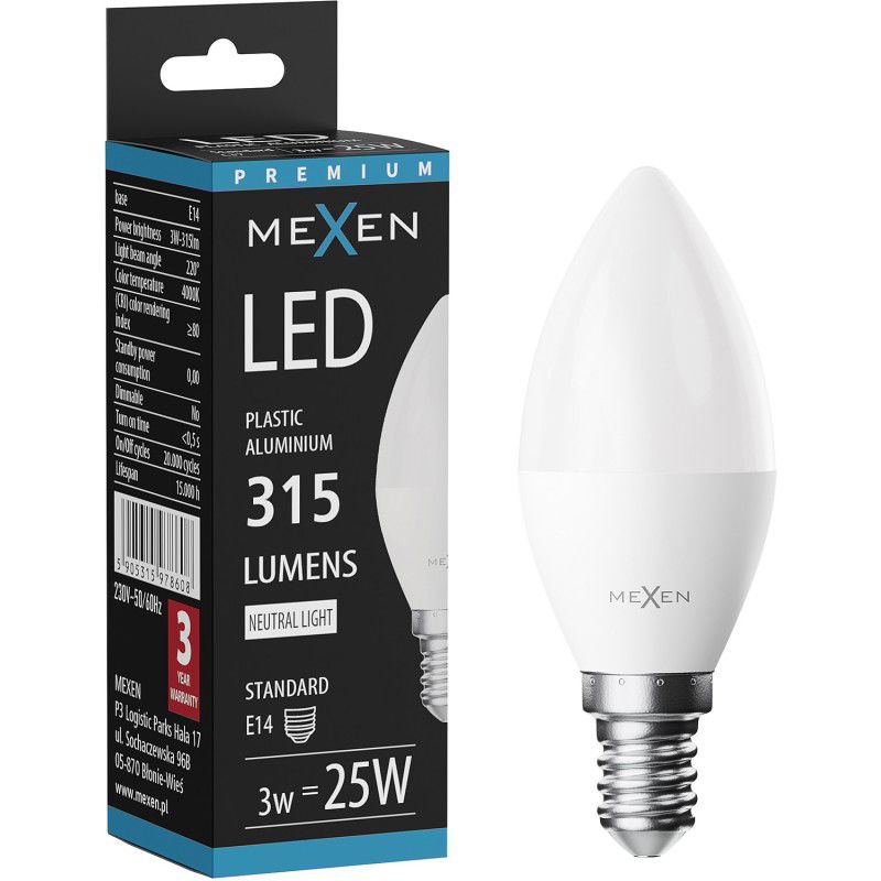 Mexen Nova LED крушка E14, C37, 3W, Неутрална - 4000K, 315 lm - L102-E14-0340-01