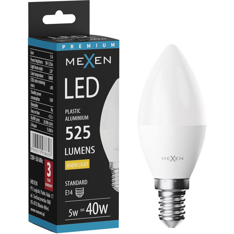 Mexen Nova LED крушка E14, C37, 5W, Топла - 3000K, 525 lm - L102-E14-0530-01