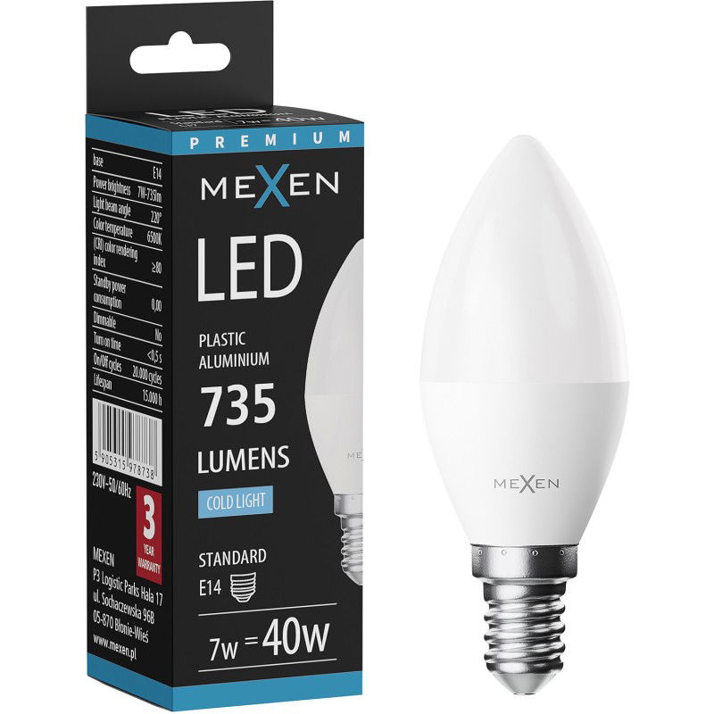 Mexen Nova LED крушка E14, C37, 7W, Студена - 6500K, 735 lm - L102-E14-0765-01