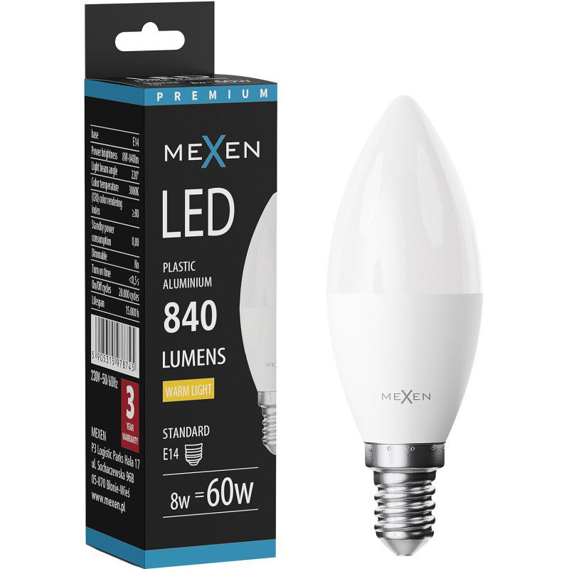 Mexen Nova LED крушка E14, C37, 8W, Топла - 3000K, 840 lm - L102-E14-0830-01