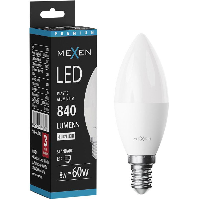 Mexen Nova LED крушка E14, C37, 8W, Неутрална - 4000K, 840 lm - L102-E14-0840-01