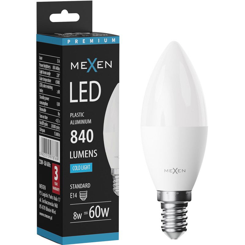 Mexen Nova LED крушка E14, C37, 8W, Студена - 6500K, 840 lm - L102-E14-0865-01