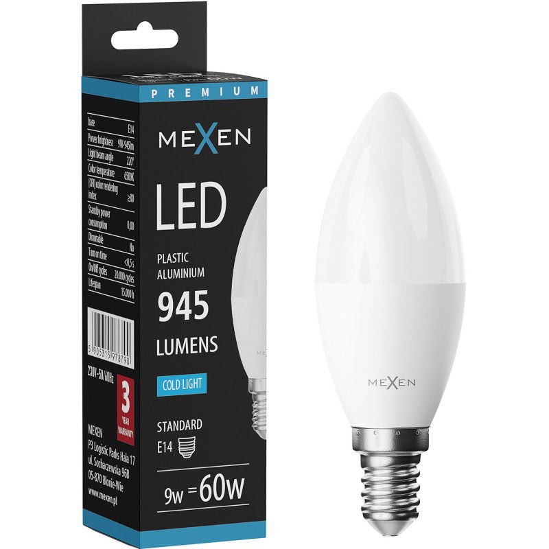 Mexen Nova LED крушка E14, C37, 9W, Студена - 6500K, 945 lm - L102-E14-0965-01